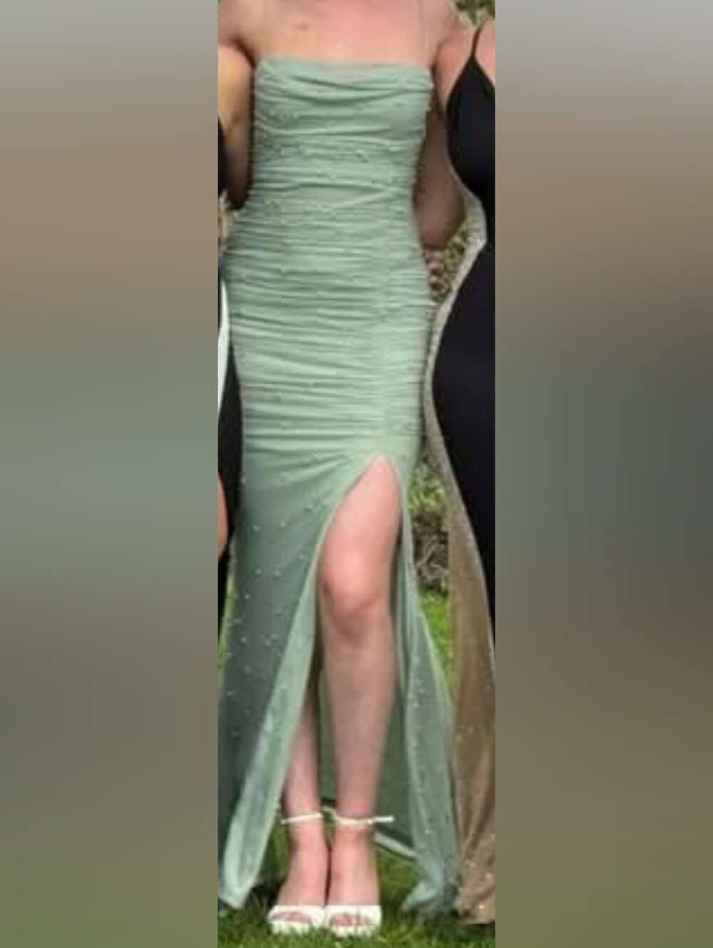 Windsor - Mellie Faux Pearl Strapless Beaded Sage Green Evening Gown